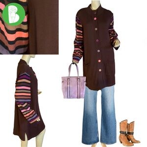 BOB MACKIE BROWN W/MULTI COLOR STRIPES COTTON BLEND CARDIGAN SWEATER (M)